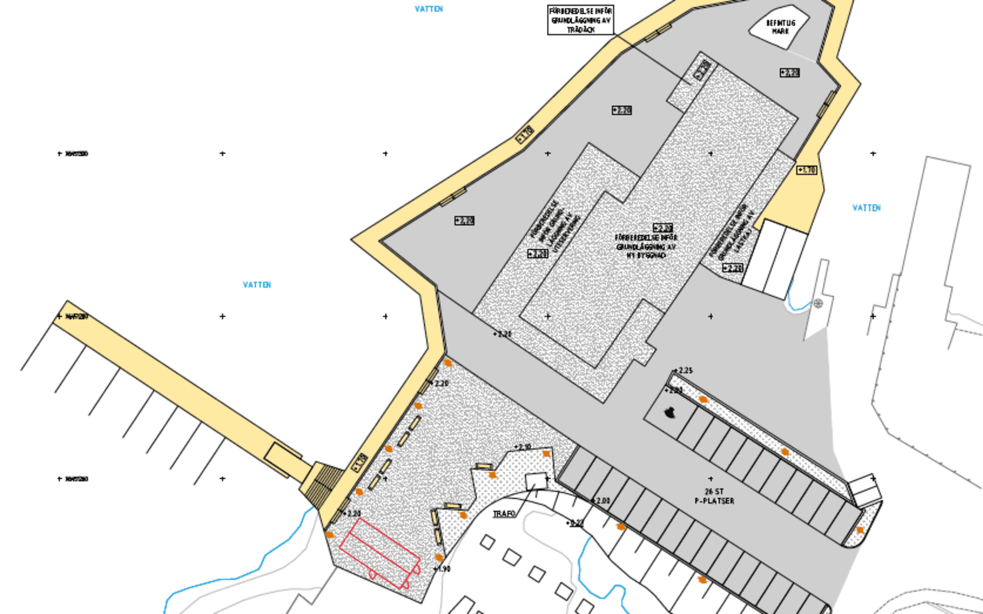 Så här kommer det se ut när planen är utbyggd, den gula strecken är kajen, den lilla vita rutan till höger är platsen där fårhuset står i dag. 
