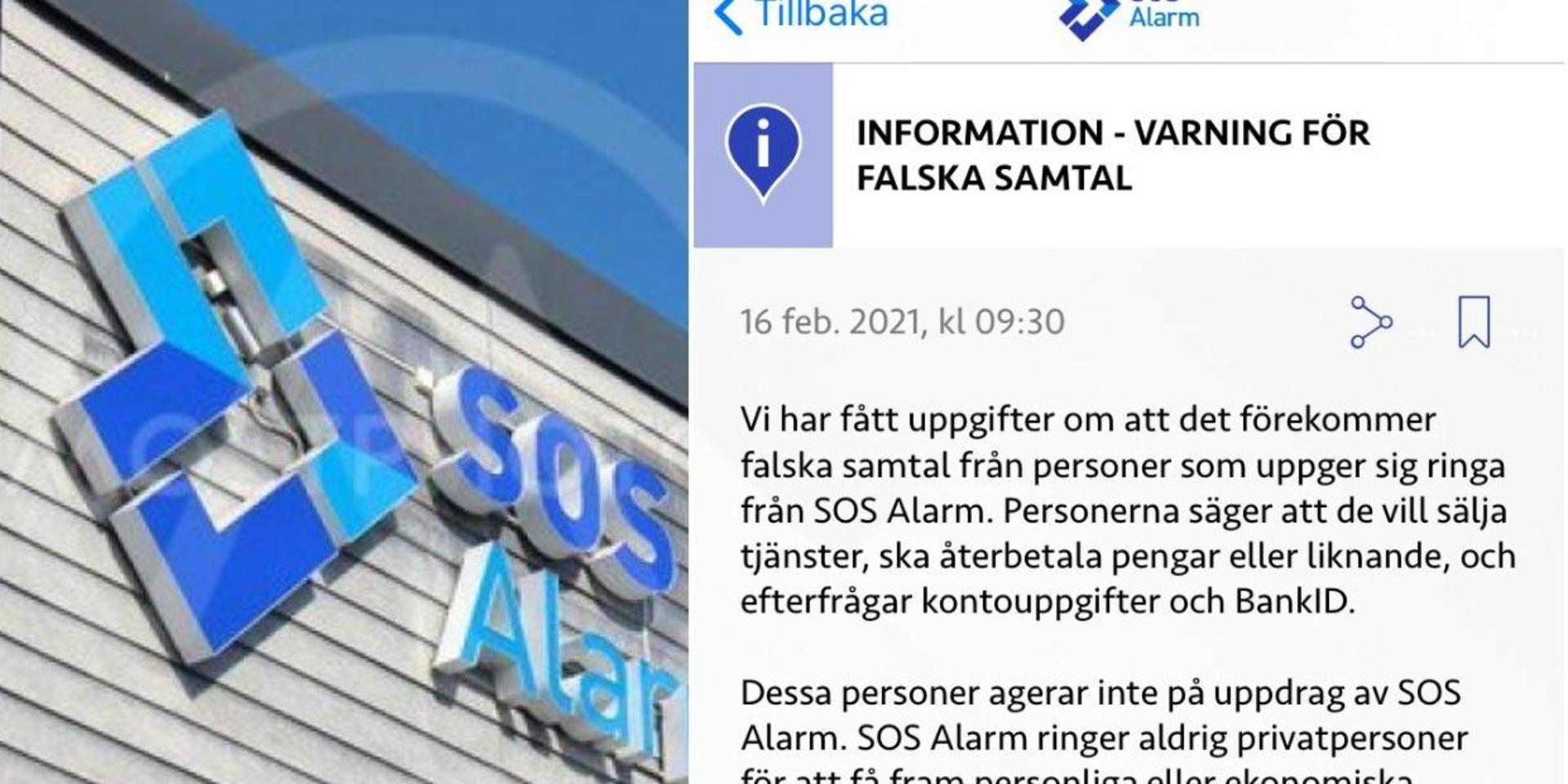 På tisdagen skickade SOS Alarm ut en varning för bedragare i sin app. Arkivfoto och skärmdump