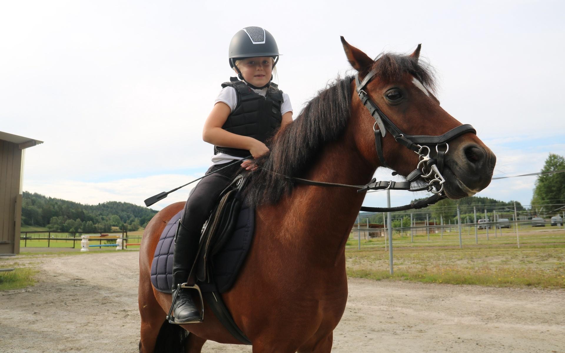 Maja och hästen Morgan gör sig redo för att rida ut på banan.