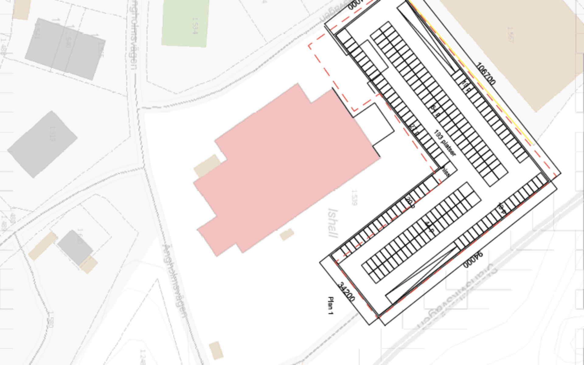 Enligt företagets förslag placeras parkeringshuset på två sidor om ishallen i Rönnäng.