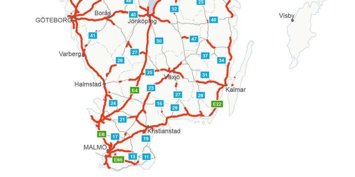 Bilden visar många av de mötesfria vägarna i Sverige. Fullständig karta hittas på Trafikverkets hemsida. Bild: Trafikverket