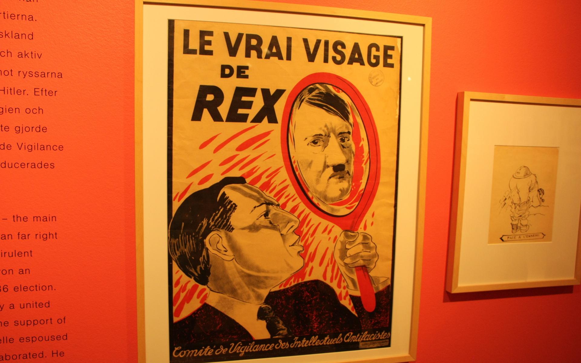 En politisk affisch från 1939 visar den belgiska fachistledaren Leon Degrelle som ser sig i spegeln. Innan René Magrittes konst blev känd gjorde han allt möjligt, även reklam.
