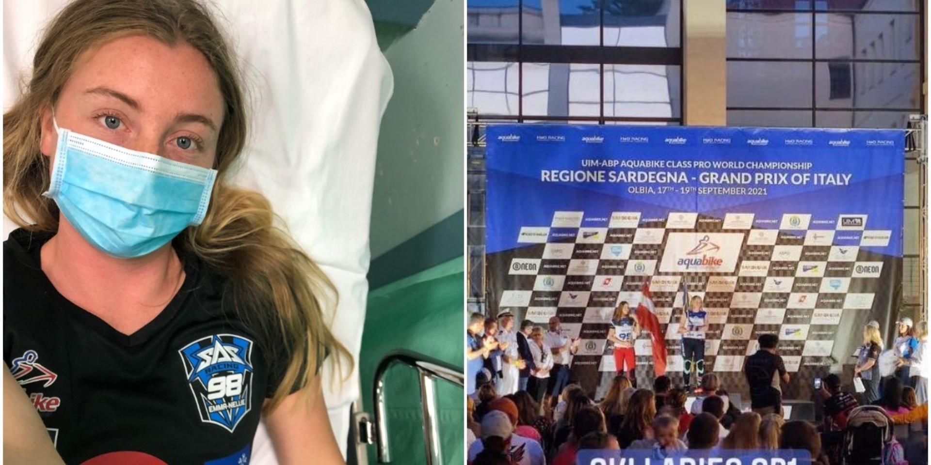 Jetskiåkaren Emma-Nellie Örtendahl från Orust Jetskiklubb fickk tillbringa en kväll på sjukhus i Olbia efter att ha blivit påkörd i ett race i den första VM-deltävlingen i Olbia.
